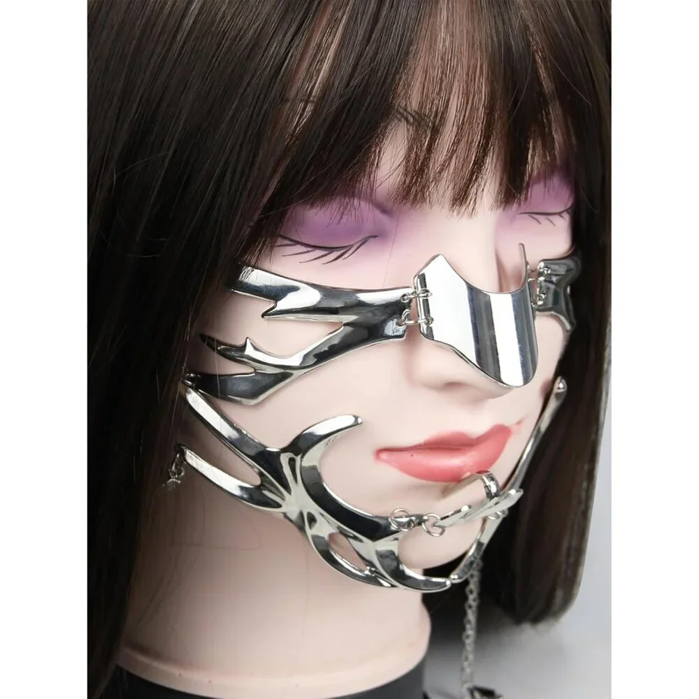 Cyberpunk Metal Half Mask Unisex Adjustable Chain for Masquerades Fest